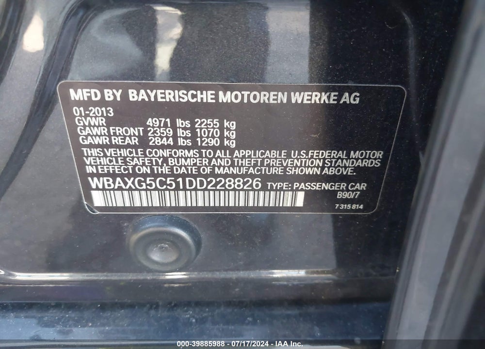 2013 BMW 528I VIN: WBAXG5C51DD228826