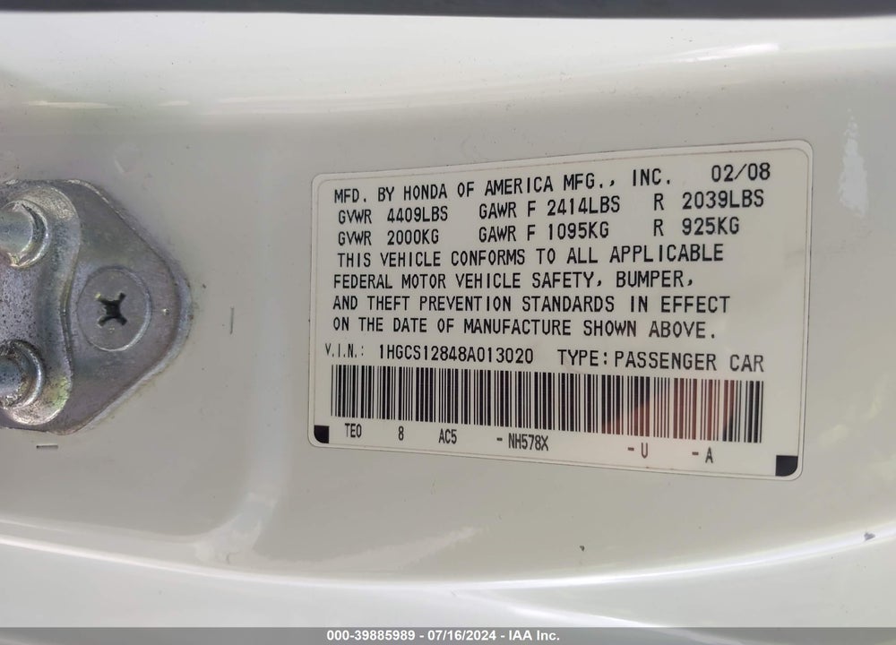 2008 HONDA ACCORD 2.4 EX-L VIN: 1HGCS12848A013020
