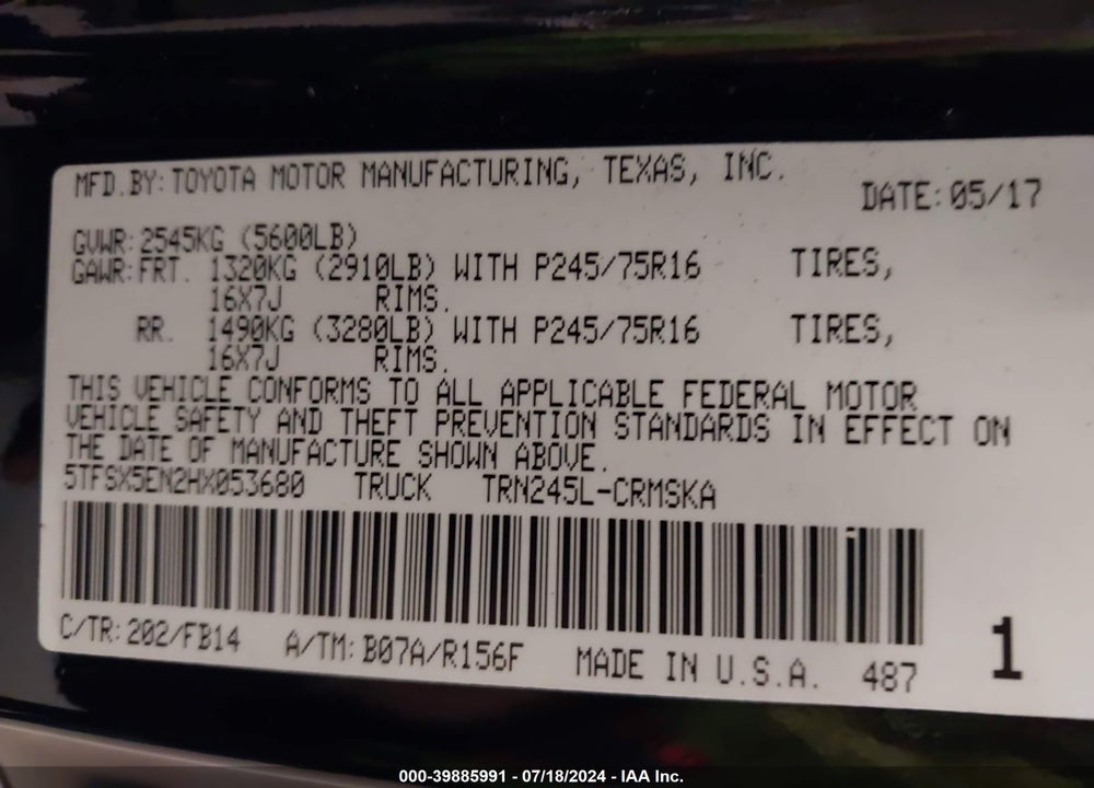 2017 TOYOTA TACOMA SR VIN: 5TFSX5EN2HX053680