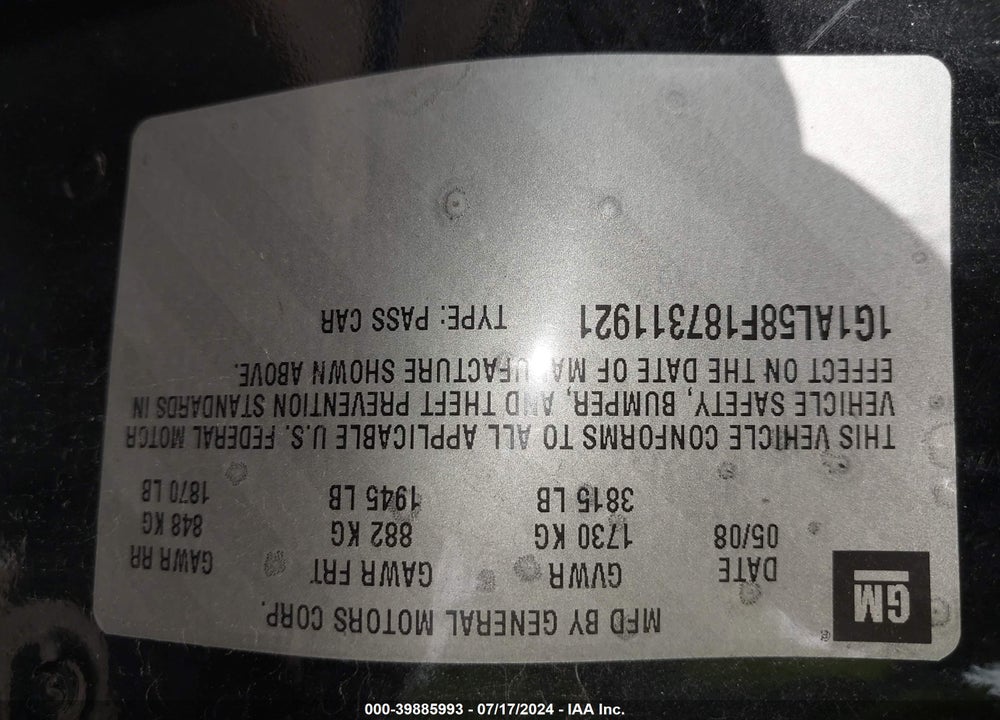 2008 CHEVROLET COBALT LT VIN: 1G1AL58F187311921