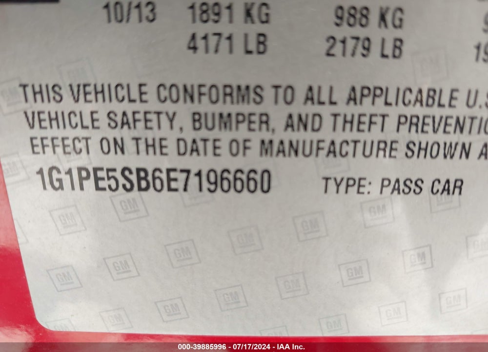 2014 CHEVROLET CRUZE 2LT AUTO VIN: 1G1PE5SB6E7196660