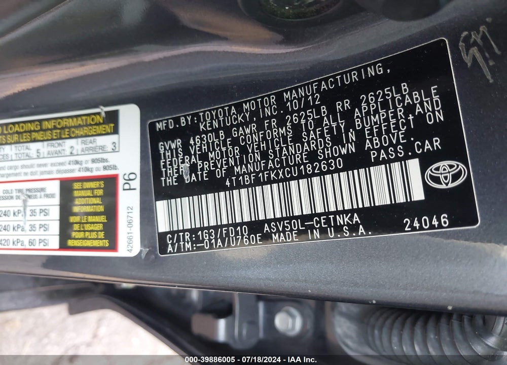 2012 TOYOTA CAMRY LE VIN: 4T1BF1FKXCU182630