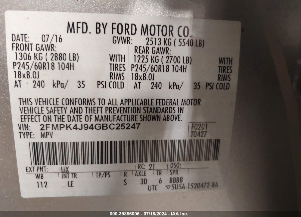 2016 FORD EDGE VIN: 2FMPK4J94GBC25247