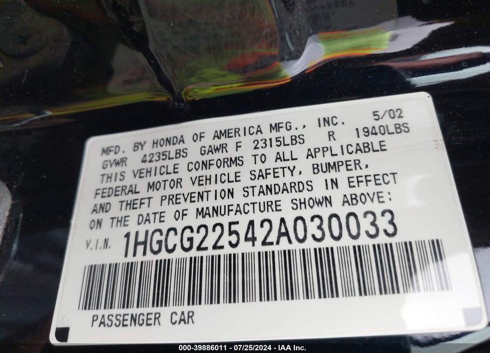 2002 HONDA ACCORD 3.0 EX VIN: 1HGCG22542A030033