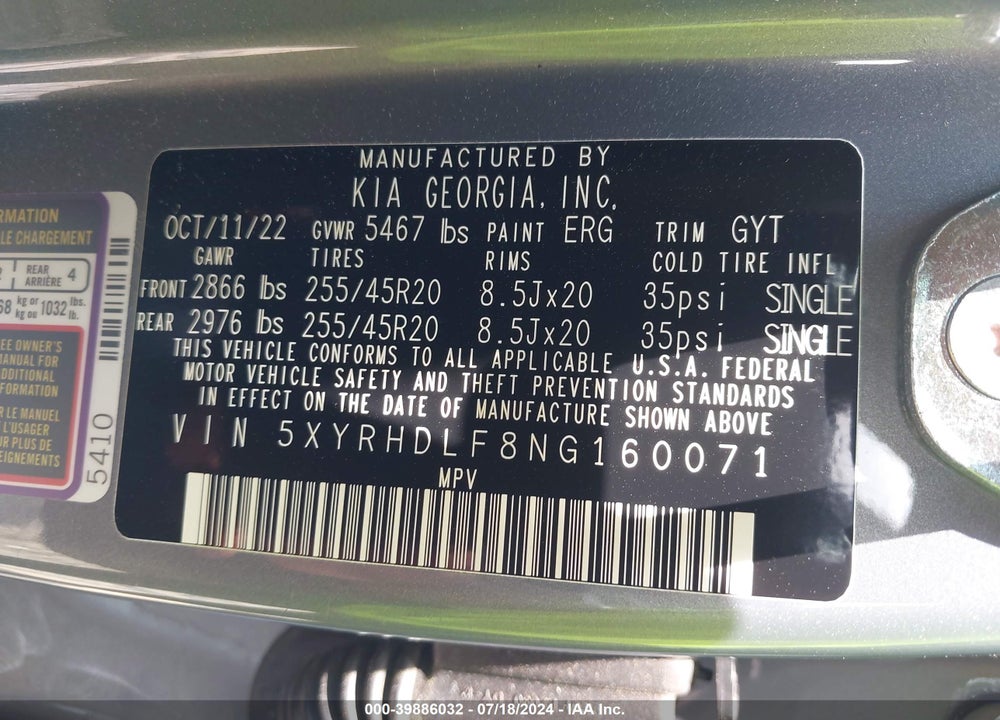 2022 KIA SORENTO X-LINE EX VIN: 5XYRHDLF8NG160071
