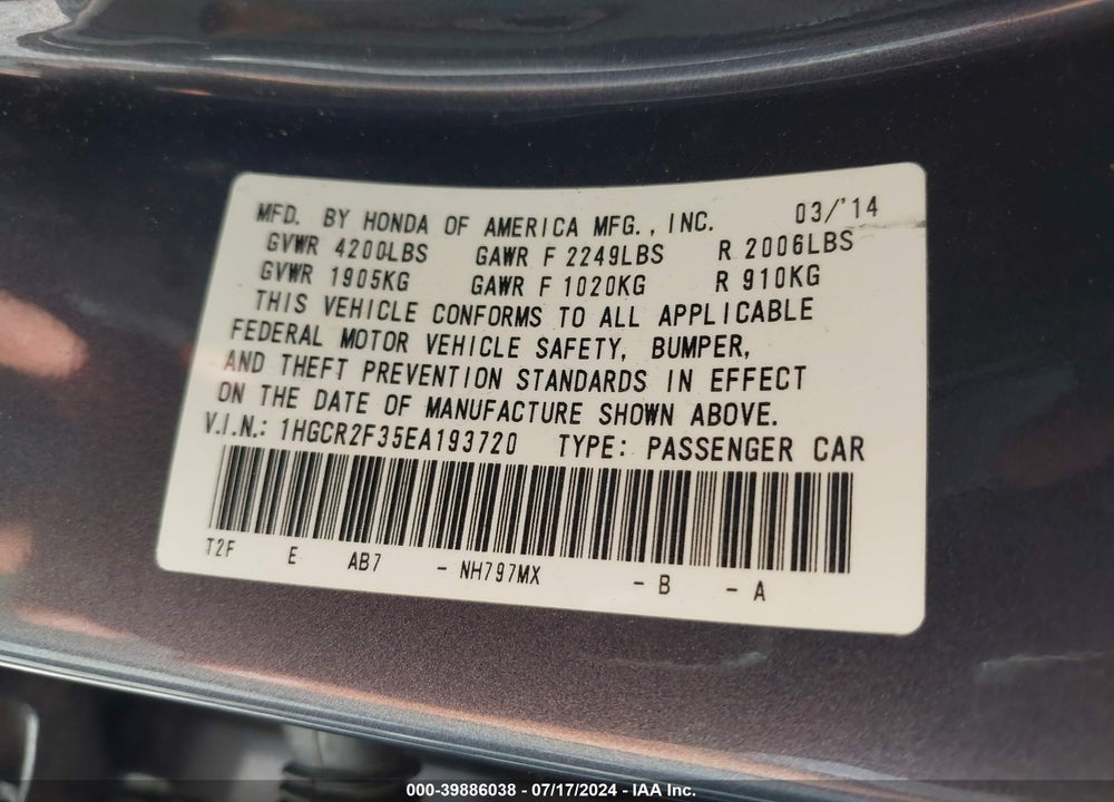 2014 HONDA ACCORD LX VIN: 1HGCR2F35EA193720