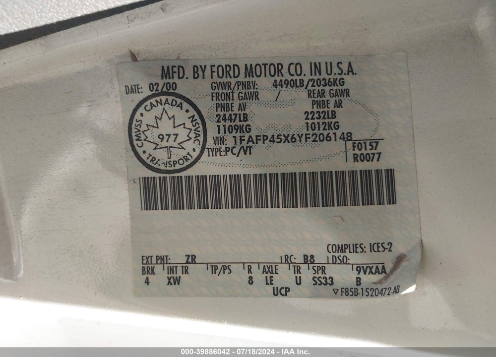 2000 FORD MUSTANG GT VIN: 1FAFP45X6YF206148