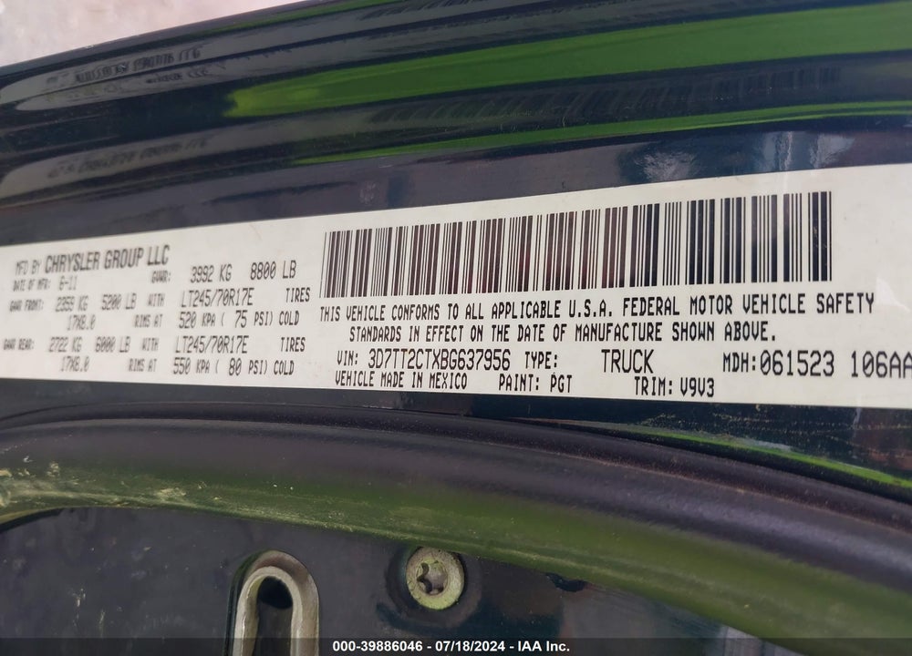 2011 RAM 2500 ST VIN: 3D7TT2CTXBG637956