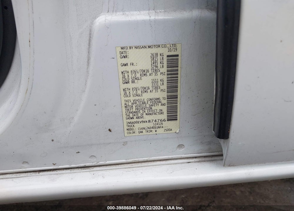 2019 NISSAN FRONTIER SV VIN: 1N6AD0EV9KN874766