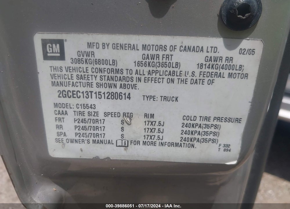 2005 CHEVROLET SILVERADO 1500 LS VIN: 2GCEC13T151280614