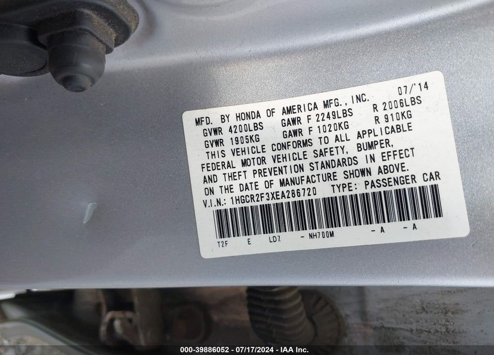 2014 HONDA ACCORD VIN: 1HGCR2F3XEA286720