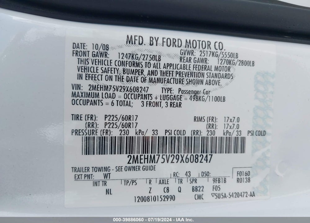 2009 MERCURY GRAND MARQUIS LS (FLEET ONLY) VIN: 2MEHM75V29X608247