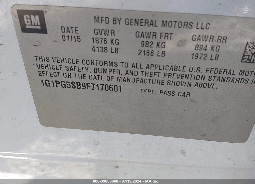 2015 CHEVROLET CRUZE LTZ VIN: 1G1PG5SB9F7170601