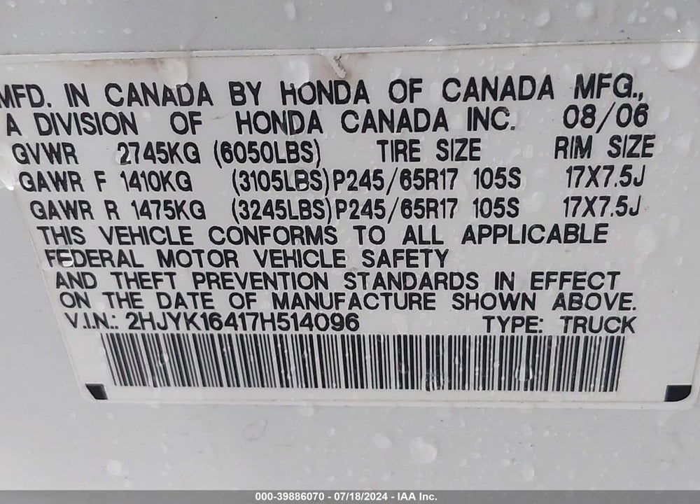 2007 HONDA RIDGELINE RTS VIN: 2HJYK16417H514096