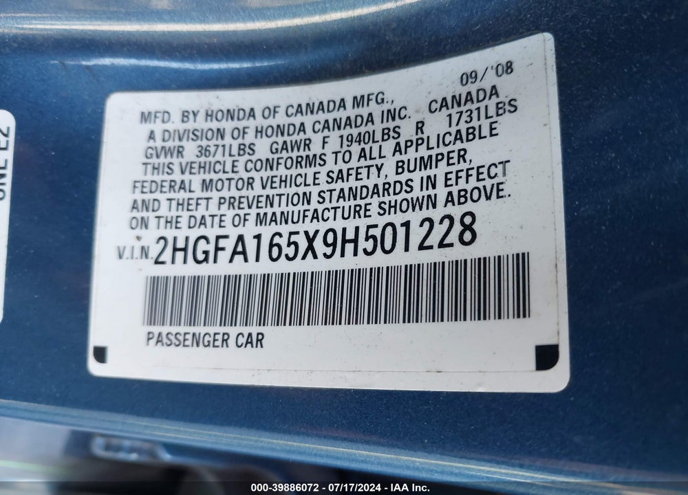 2009 HONDA CIVIC LX VIN: 2HGFA165X9H501228
