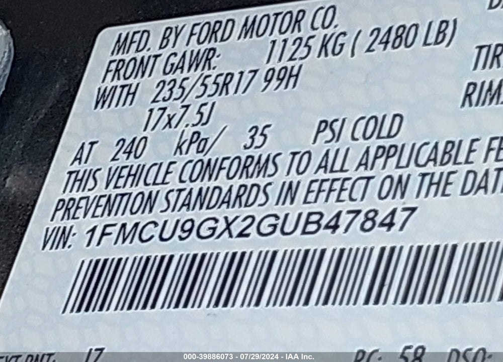 2016 FORD ESCAPE SE VIN: 1FMCU9GX2GUB47847