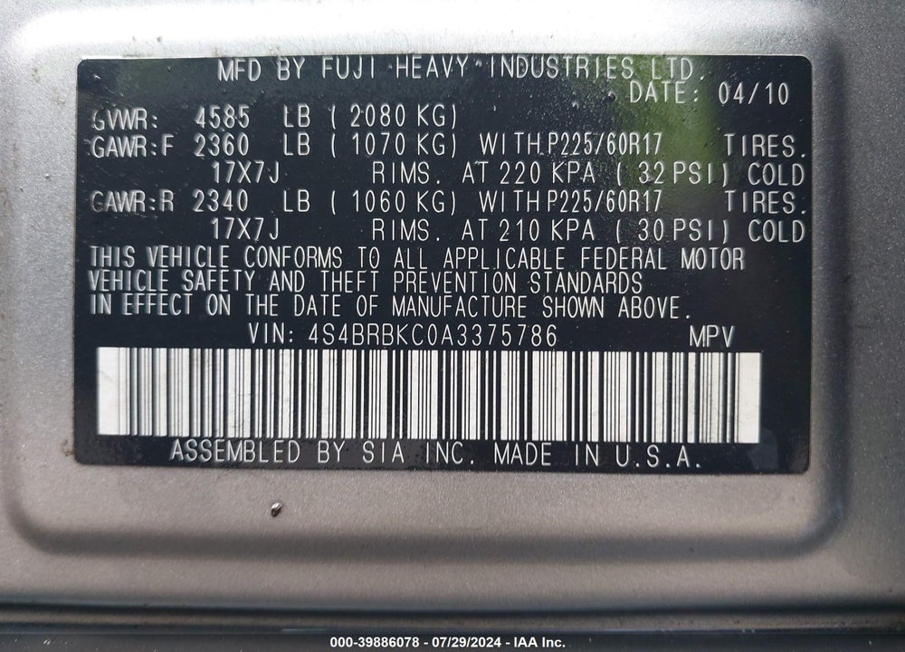 2010 SUBARU OUTBACK 2.5I LIMITED VIN: 4S4BRBKC0A3375786