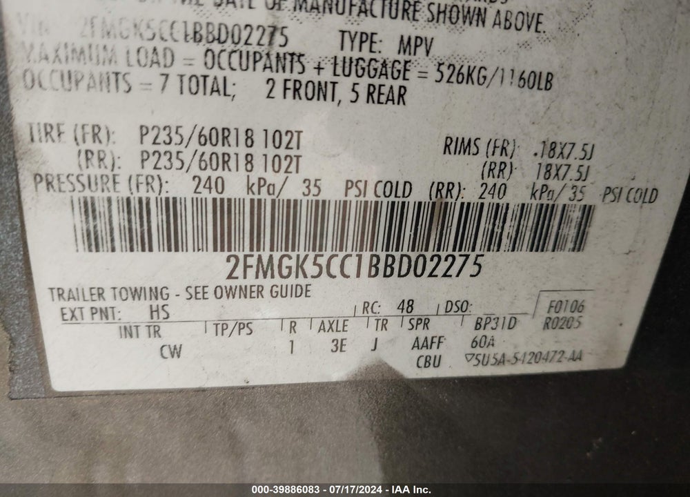 2011 FORD FLEX SEL VIN: 2FMGK5CC1BBD02275