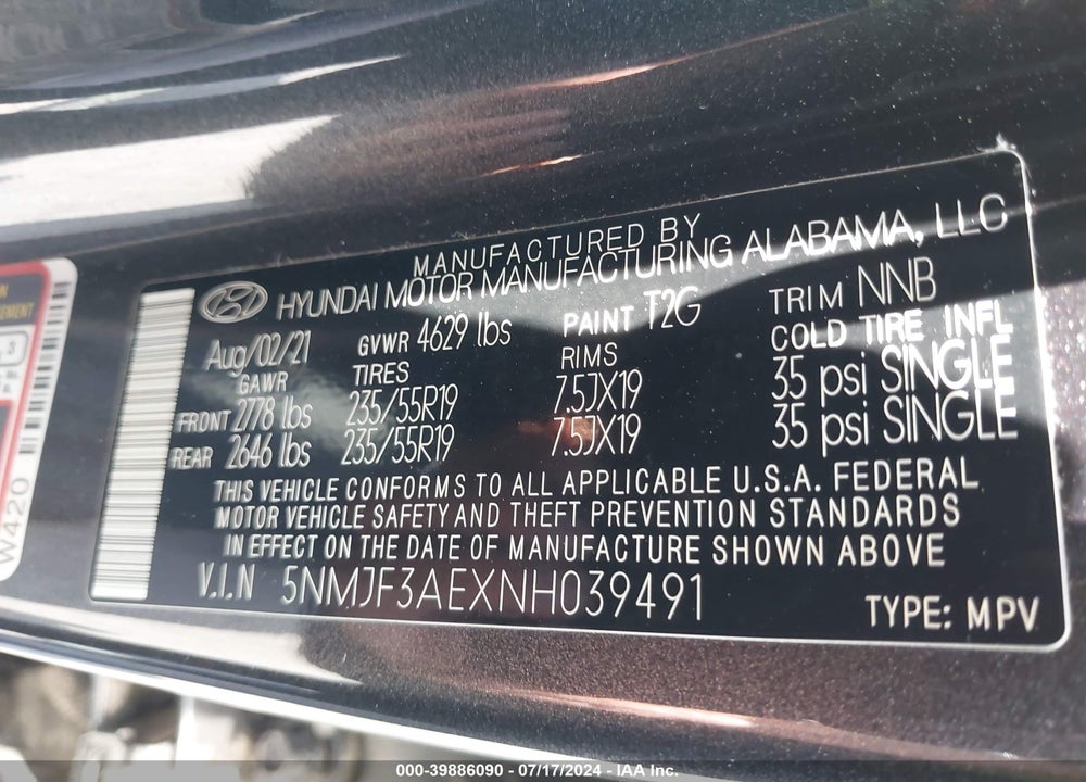 2022 HYUNDAI TUCSON SEL VIN: 5NMJF3AEXNH039491