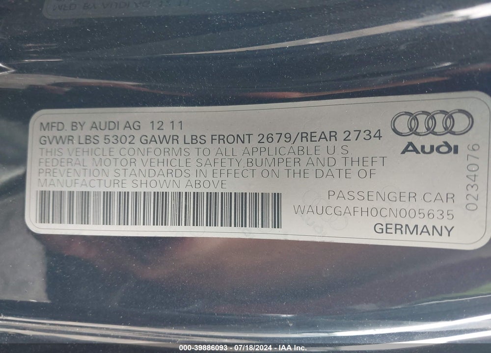 2012 AUDI S5 3.0 PREMIUM PLUS VIN: WAUCGAFH0CN005635
