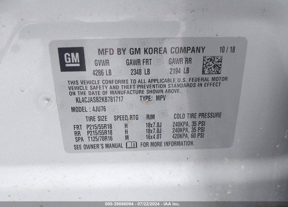 2019 BUICK ENCORE FWD PREFERRED VIN: KL4CJASB2KB781717