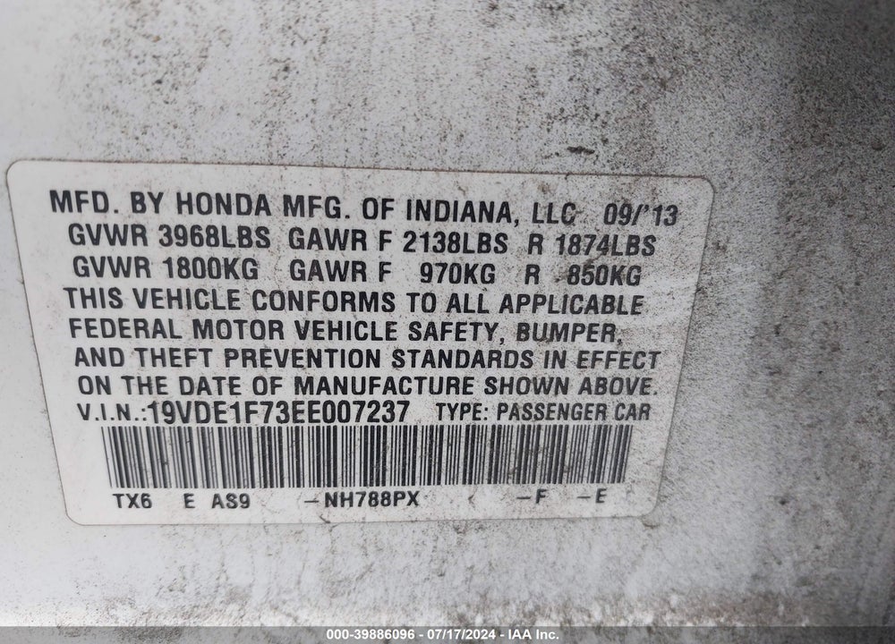 2014 ACURA ILX 2.0L VIN: 19VDE1F73EE007237
