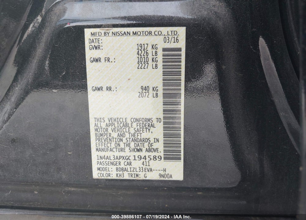 2016 NISSAN ALTIMA 2.5 SV VIN: 1N4AL3APXGC194589