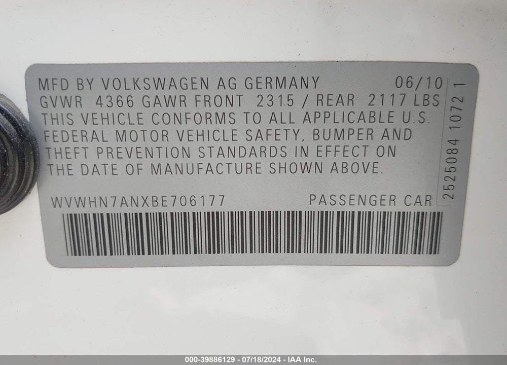 2011 VOLKSWAGEN CC LUX PLUS VIN: WVWHN7ANXBE706177