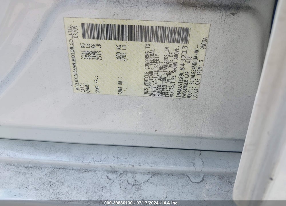 2009 NISSAN MAXIMA 3.5 SV VIN: 1N4AA51E89C843213