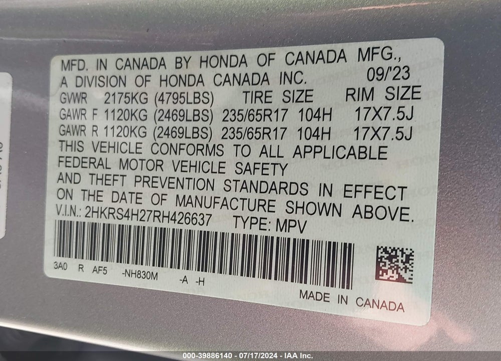 2024 HONDA CR-V LX AWD VIN: 2HKRS4H27RH426637