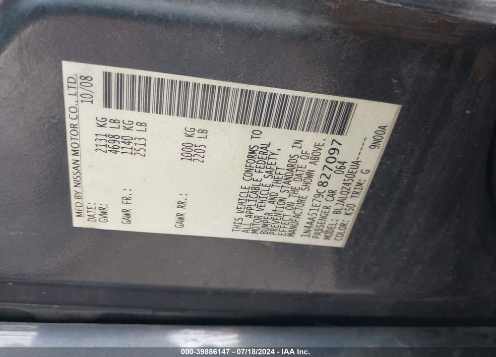 2009 NISSAN MAXIMA VIN: 1N4AA51E79C827097