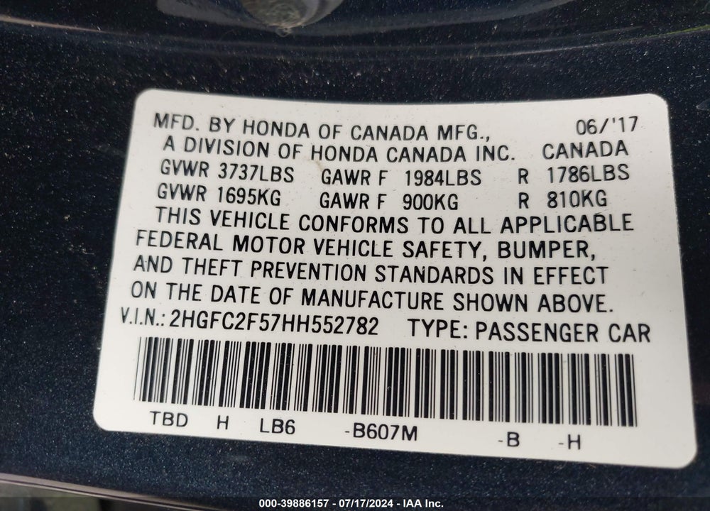 2017 HONDA CIVIC LX VIN: 2HGFC2F57HH552782
