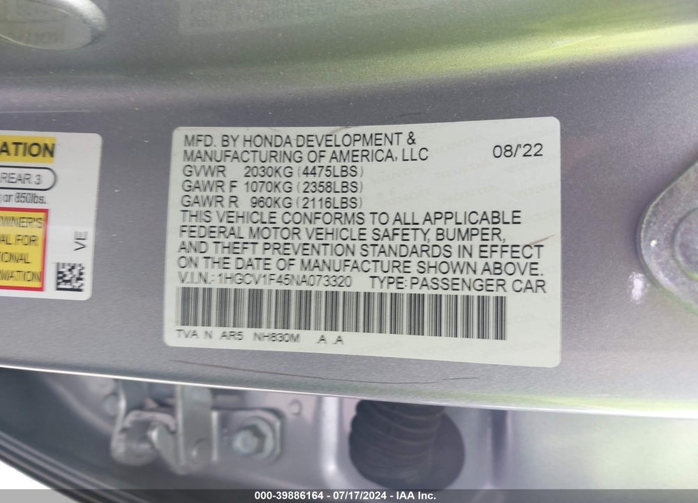 2022 HONDA ACCORD SPORT SPECIAL EDITION VIN: 1HGCV1F45NA073320