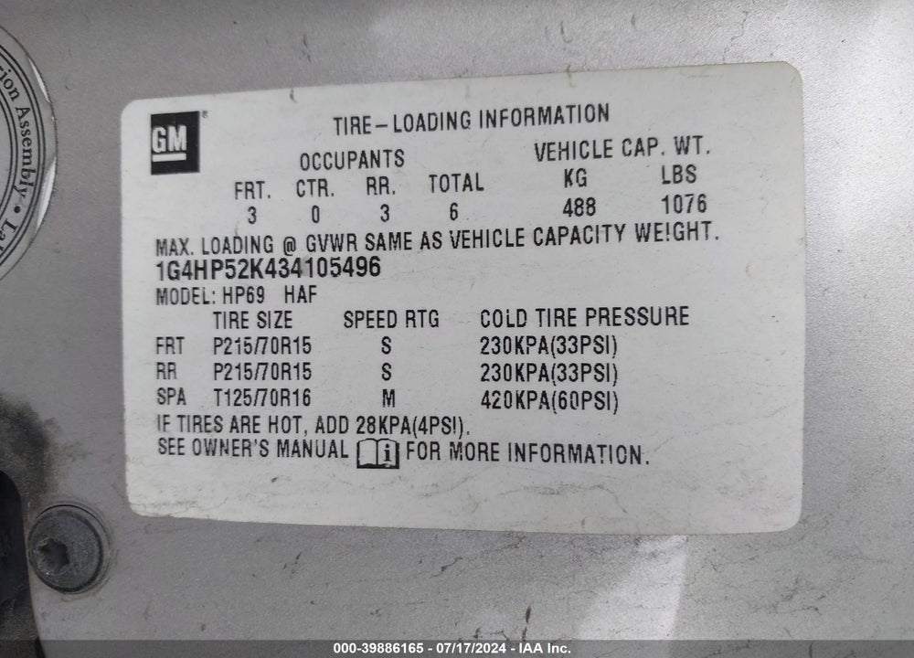 2003 BUICK LESABRE CUSTOM VIN: 1G4HP52K434105496