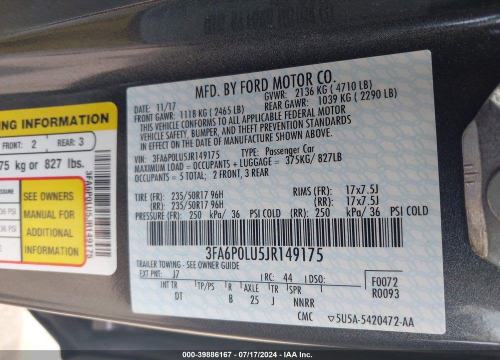 2018 FORD FUSION HYBRID SE VIN: 3FA6P0LU5JR149175