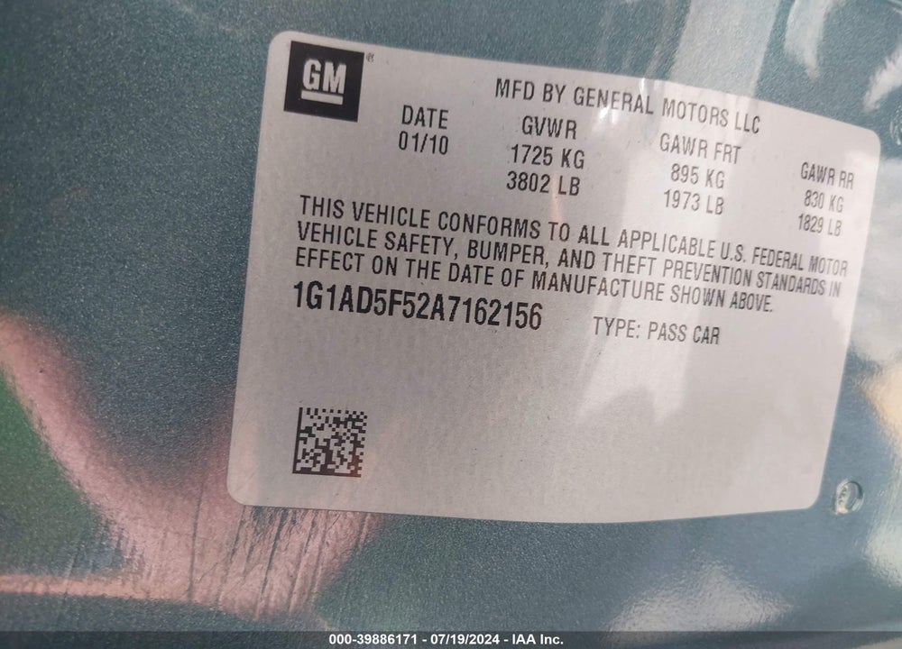 2010 CHEVROLET COBALT VIN: 1G1AD5F52A7162156