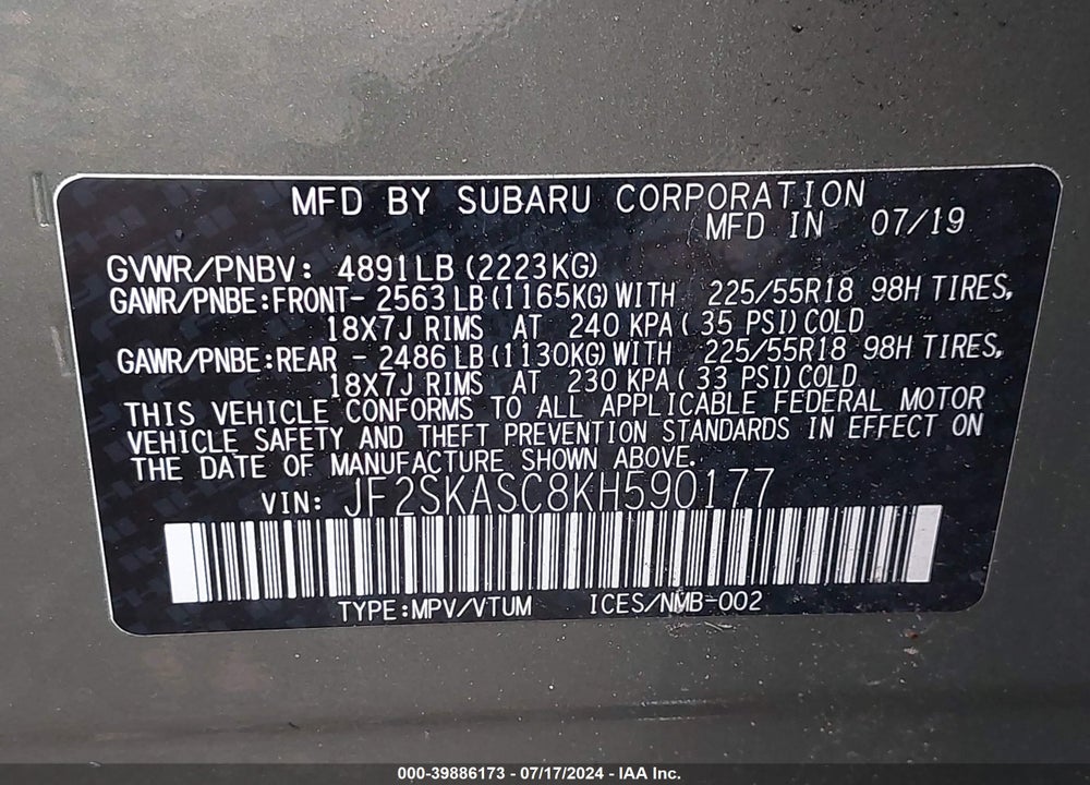 2019 SUBARU FORESTER LIMITED VIN: JF2SKASC8KH590177