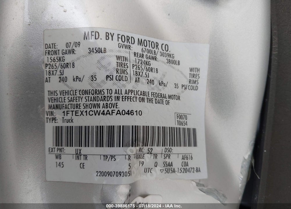 2010 FORD F-150 STX/XL VIN: 1FTEX1CW4AFA04610