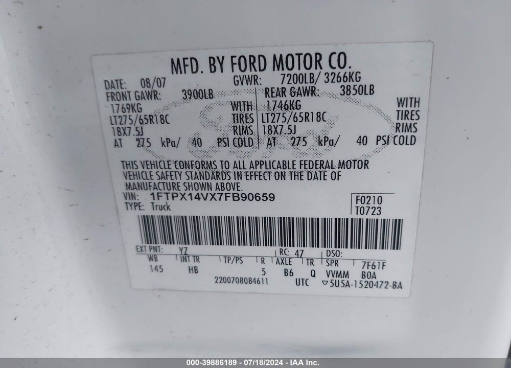 2007 FORD F-150 FX4/LARIAT/XL/XLT VIN: 1FTPX14VX7FB90659