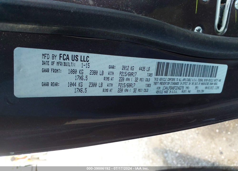 2015 JEEP PATRIOT ALTITUDE EDITION VIN: 1C4NJPBA8FD246278