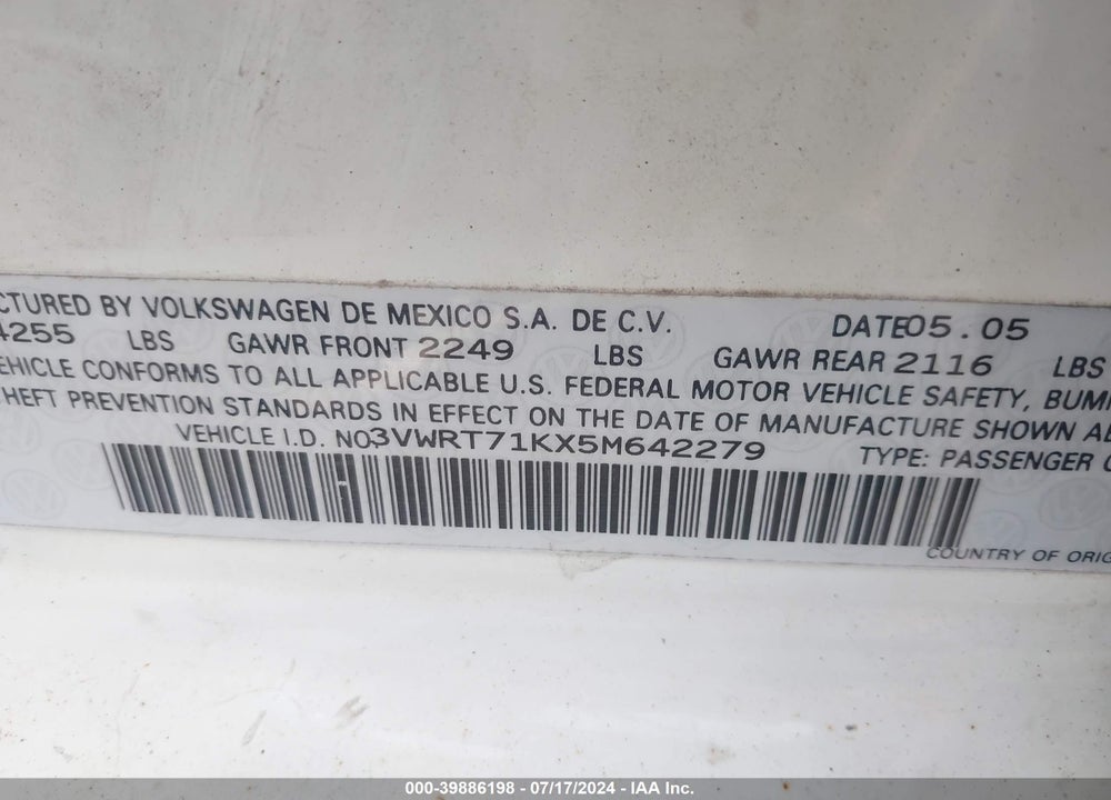 2005 VOLKSWAGEN JETTA TDI VIN: 3VWRT71KX5M642279