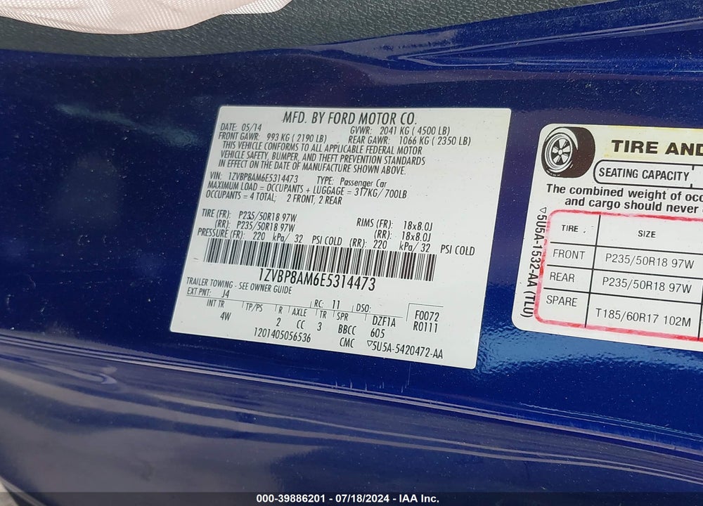 2014 FORD MUSTANG V6 PREMIUM VIN: 1ZVBP8AM6E5314473
