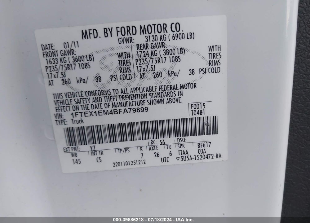2011 FORD F-150 XL VIN: 1FTEX1EM4BFA79899