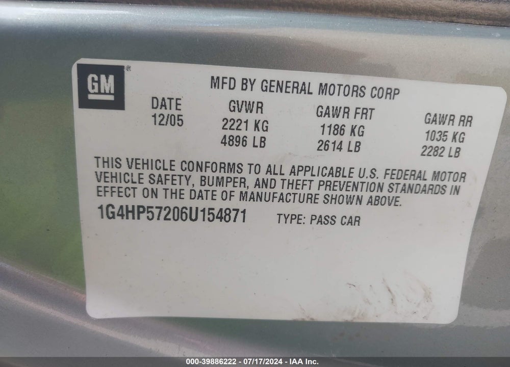 2006 BUICK LUCERNE CX VIN: 1G4HP57206U154871