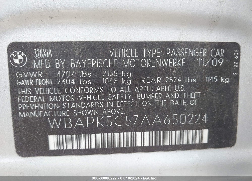 2010 BMW 328I XDRIVE VIN: WBAPK5C57AA650224