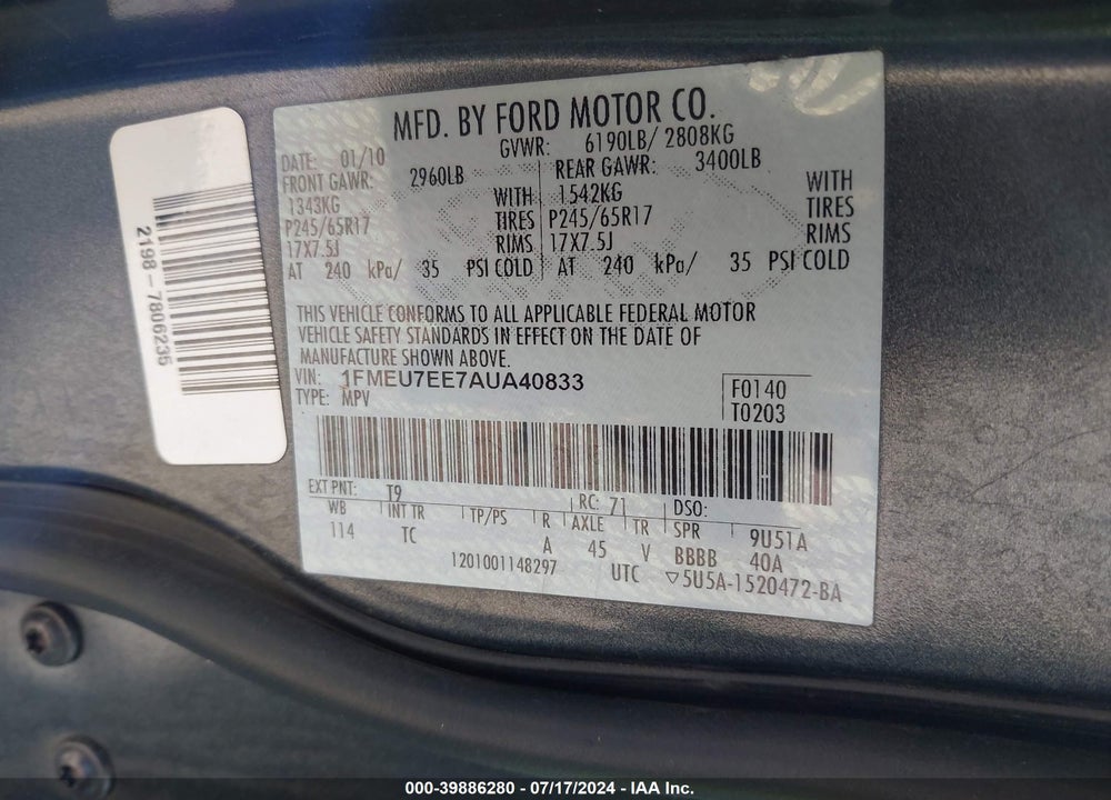 2010 FORD EXPLORER EDDIE BAUER VIN: 1FMEU7EE7AUA40833