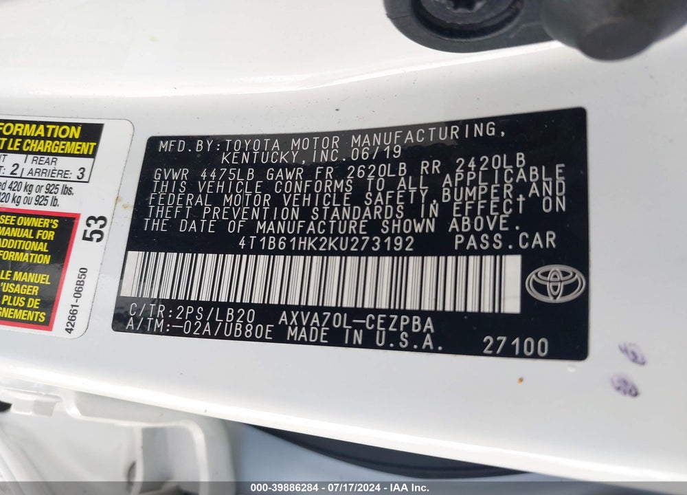 2019 TOYOTA CAMRY XSE VIN: 4T1B61HK2KU273192