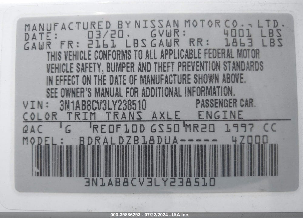 2020 NISSAN SENTRA SV XTRONIC CVT VIN: 3N1AB8CV3LY238510