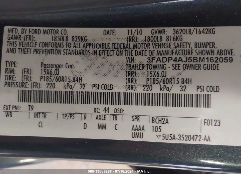 2011 FORD FIESTA S VIN: 3FADP4AJ5BM162059