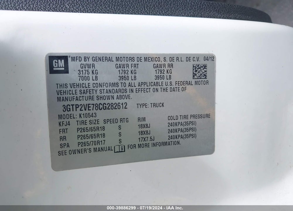 2012 GMC SIERRA 1500 SLE VIN: 3GTP2VE78CG282612